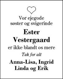 Dødsannoncen for Ester Vestergaard - Vildbjerg