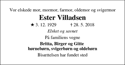 Dødsannoncen for Ester Villadsen - Vejle