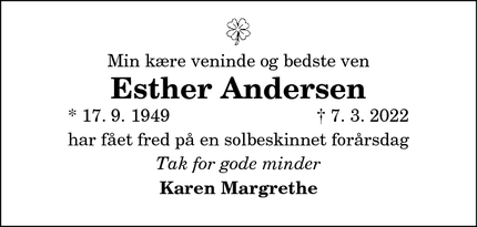 Dødsannoncen for Esther Andersen - Thisted
