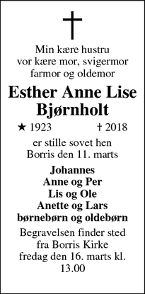 Dødsannoncen for Esther Anne Lise Bjørnholt - Borris
