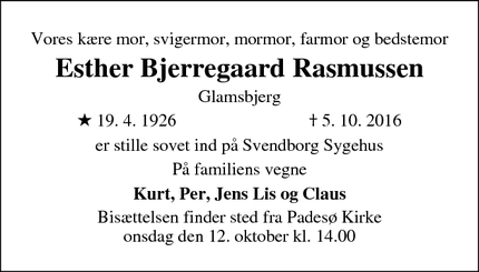 Dødsannoncen for Esther Bjerregaard Rasmussen - Glamsbjerg
