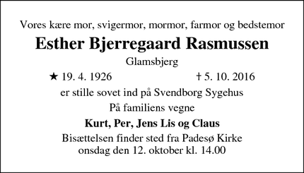 Dødsannoncen for Esther Bjerregaard Rasmussen - Glamsbjerg