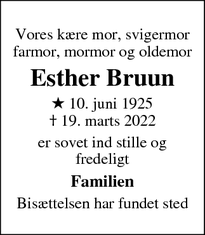 Dødsannoncen for Esther Bruun - Randers