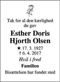 Dødsannoncen for Esther Doris Hjorth Olsen - Vejle