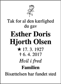 Dødsannoncen for Esther Doris Hjorth Olsen - Vejle