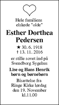 Dødsannoncen for Esther Dorthea Pedersen  - Ringe