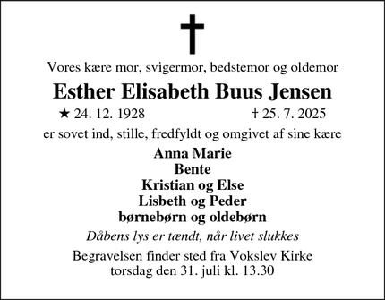 Dødsannoncen for Esther Elisabeth Buus Jensen - Nibe