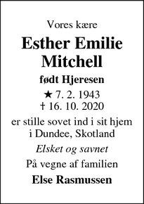 Dødsannoncen for Esther Emilie
Mitchell - Middelfart