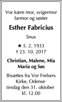 Dødsannoncen for Esther Fabricius - Odense