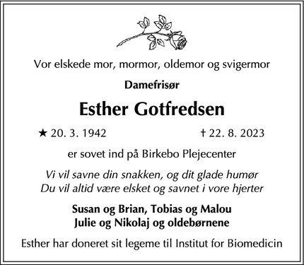 Dødsannoncen for Esther Gotfredsen - Give