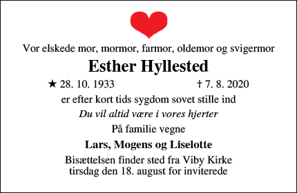 Dødsannoncen for Esther Hyllested - Kerteminde