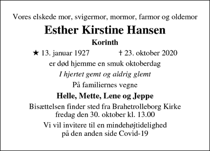 Dødsannoncen for Esther Kirstine Hansen - Odense C