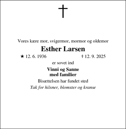Dødsannoncen for Esther Larsen - Næstved