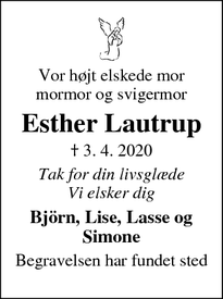 Dødsannoncen for Esther Lautrup - Roskilde
