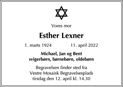 Dødsannoncen for Esther Lexner - København Ø