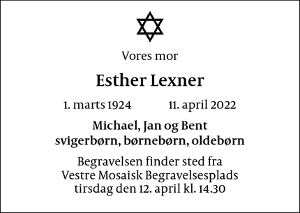 Dødsannoncen for Esther Lexner - København Ø