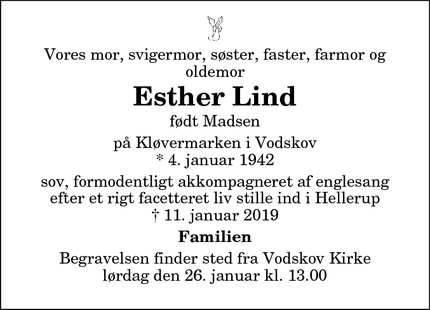 Dødsannoncen for Esther Lind - Hellerup