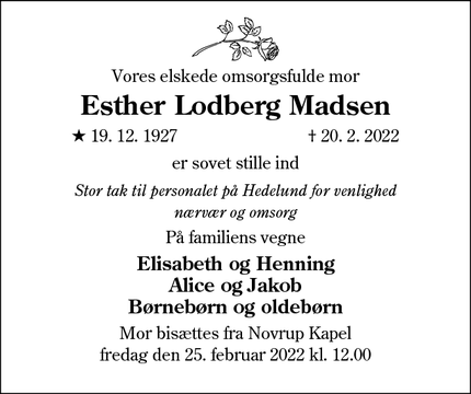 Dødsannoncen for Esther Lodberg Madsen - Esbjerg 