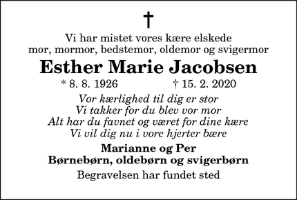 Dødsannoncen for Esther Marie Jacobsen - Assens (Ved Mariager Fjord)