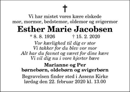 Dødsannoncen for Esther Marie Jacobsen - Assens (Ved Mariager Fjord)