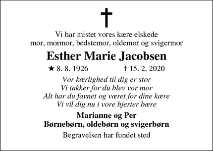 Dødsannoncen for Esther Marie Jacobsen - Assens (Ved Mariager Fjord)