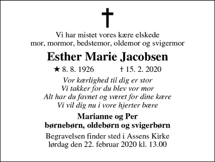 Dødsannoncen for Esther Marie Jacobsen - Assens (Ved Mariager Fjord)