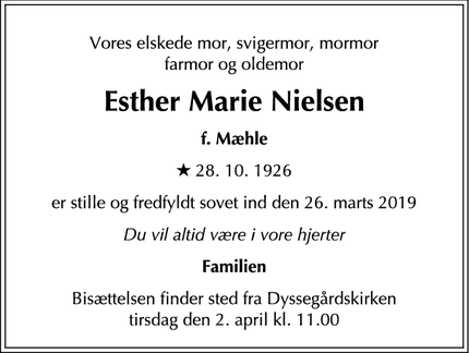 Dødsannoncen for Esther Marie Nielsen - Dyssegård