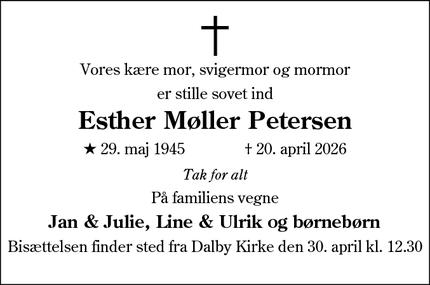 Dødsannoncen for Esther M&oslash;ller Petersen - Kolding