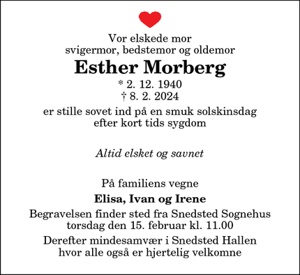 Dødsannoncen for Esther Morberg - Snedsted