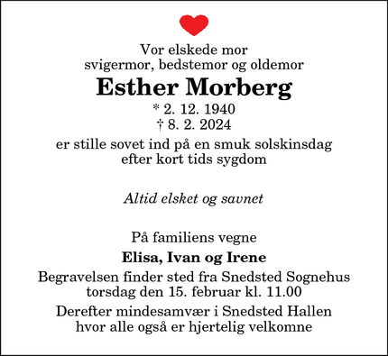 Dødsannoncen for Esther Morberg - Snedsted
