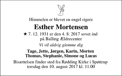 Dødsannoncen for Esther Mortensen - Rødding, 7860 Spøttrup