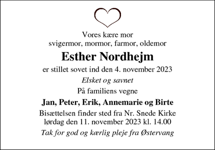 Dødsannoncen for Esther Nordhejm - Nr. Snede