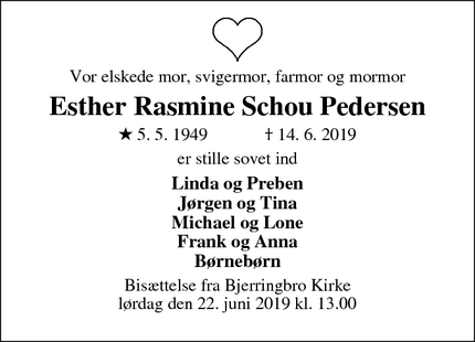 Dødsannoncen for Esther Rasmine Schou Pedersen - Bjerringbro