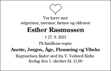 Dødsannoncen for Esther Rasmussen - Ribe 