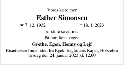 Dødsannoncen for Esther Simonsen - Mejrup