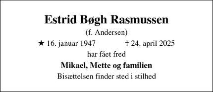 Dødsannoncen for Estrid Bøgh Rasmussen - Flensborg, Tyskland
