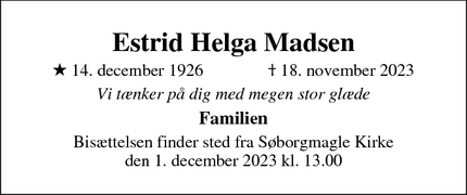 Dødsannoncen for Estrid Helga Madsen - 2870 Dyssegård