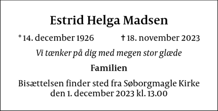 Dødsannoncen for Estrid Helga Madsen - 2870 Dyssegård