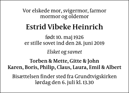 Dødsannoncen for Estrid Vibeke Heinrich - København