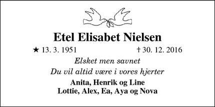 Dødsannoncen for Etel Elisabet Nielsen - Højmark