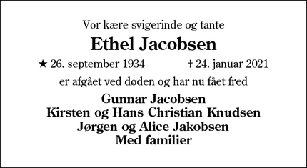 Dødsannoncen for Ethel Jacobsen - Haderslev