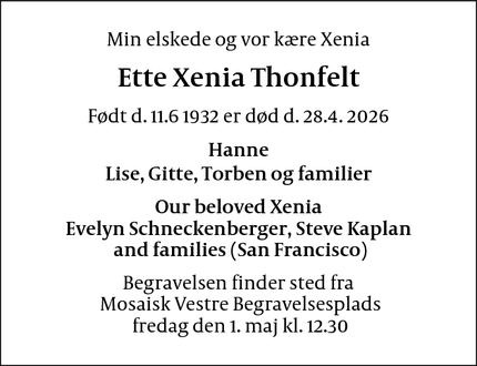 Dødsannoncen for Ette Xenia Thonfelt - Gentofte