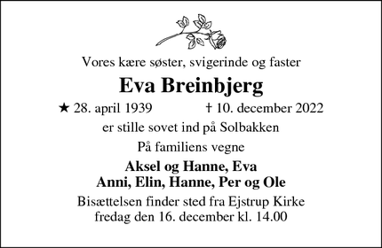 Dødsannoncen for Eva Breinbjerg - Kolding