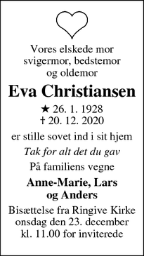 Dødsannoncen for Eva Christiansen - Ringive