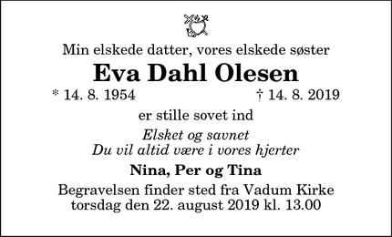 Dødsannoncen for Eva Dahl Olesen - Aalborg