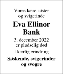 Dødsannoncen for Eva Ellinor Bank - Ringkøbing