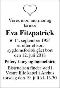 Dødsannoncen for Eva Fitzpatrick  - København V