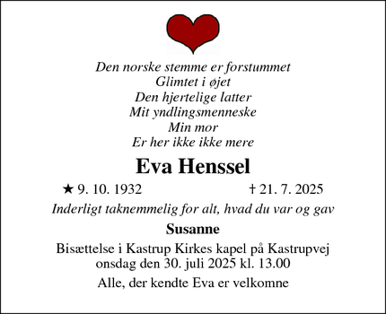 Dødsannoncen for Eva Henssel - Kastrup