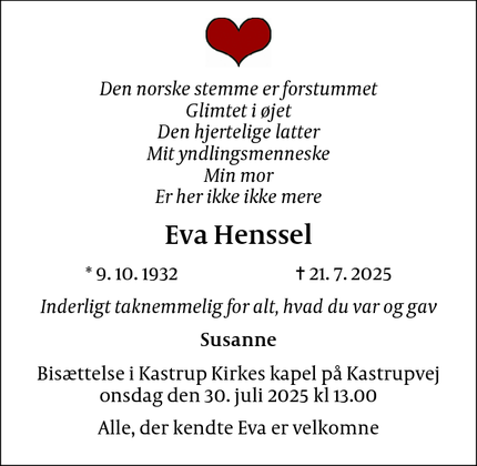 Dødsannoncen for Eva Henssel - Kastrup