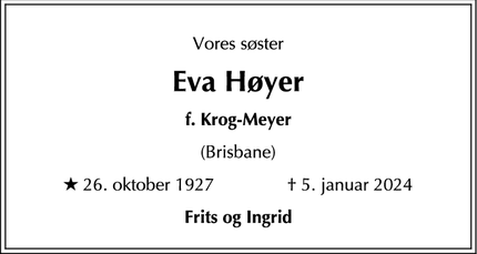 Dødsannoncen for Eva Høyer - Brisbane